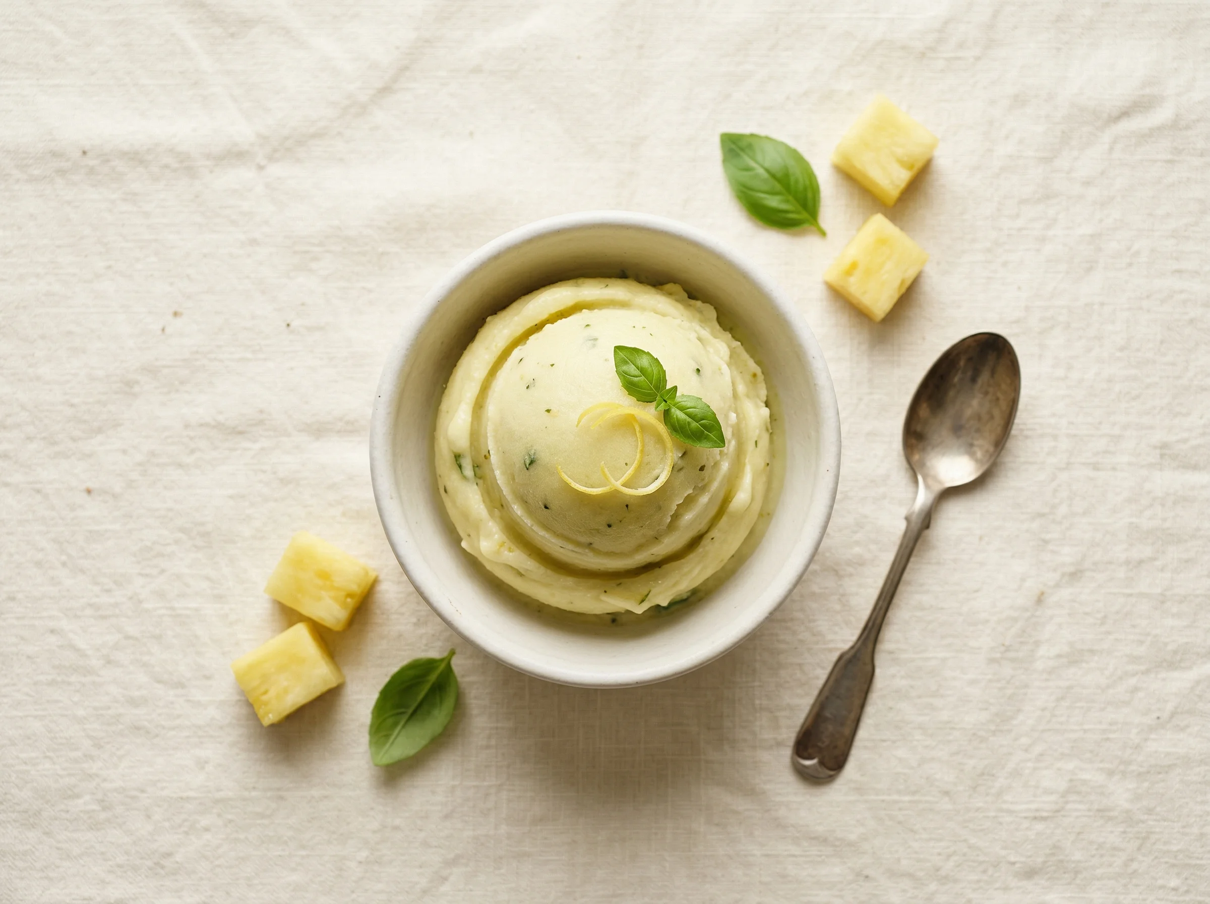 Gelato limone basilico e ananas — creazione originale Gelateria Orso Bianco, Maremma Toscana